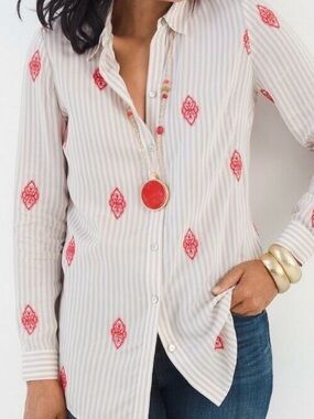 Chico's Medallion Stripe Shirt NWT Sz 2 Cream Button-Down Shirt Pink Embroidery